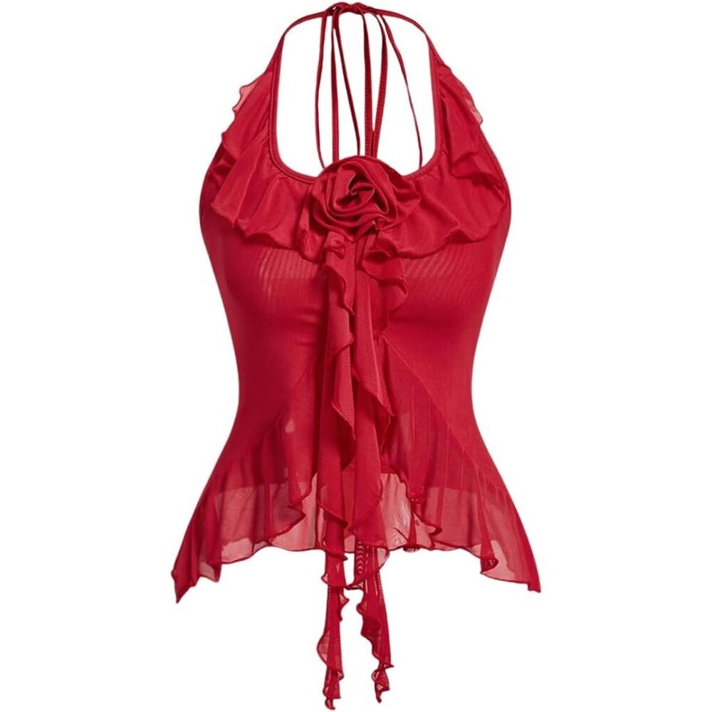 Women's Fringe Flower Halter Top Ruffle Mesh Asymmetrical Sleeveless Going Out